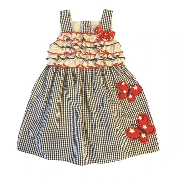 Emily Rose Girls 2T Gingham Seersucker Ruffle Summer Dress Americana Butterflies - Picture 1 of 10